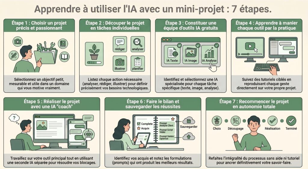 Infographie des 7 étapes pour apprendre à utiliser l'IA avec un mini-projet