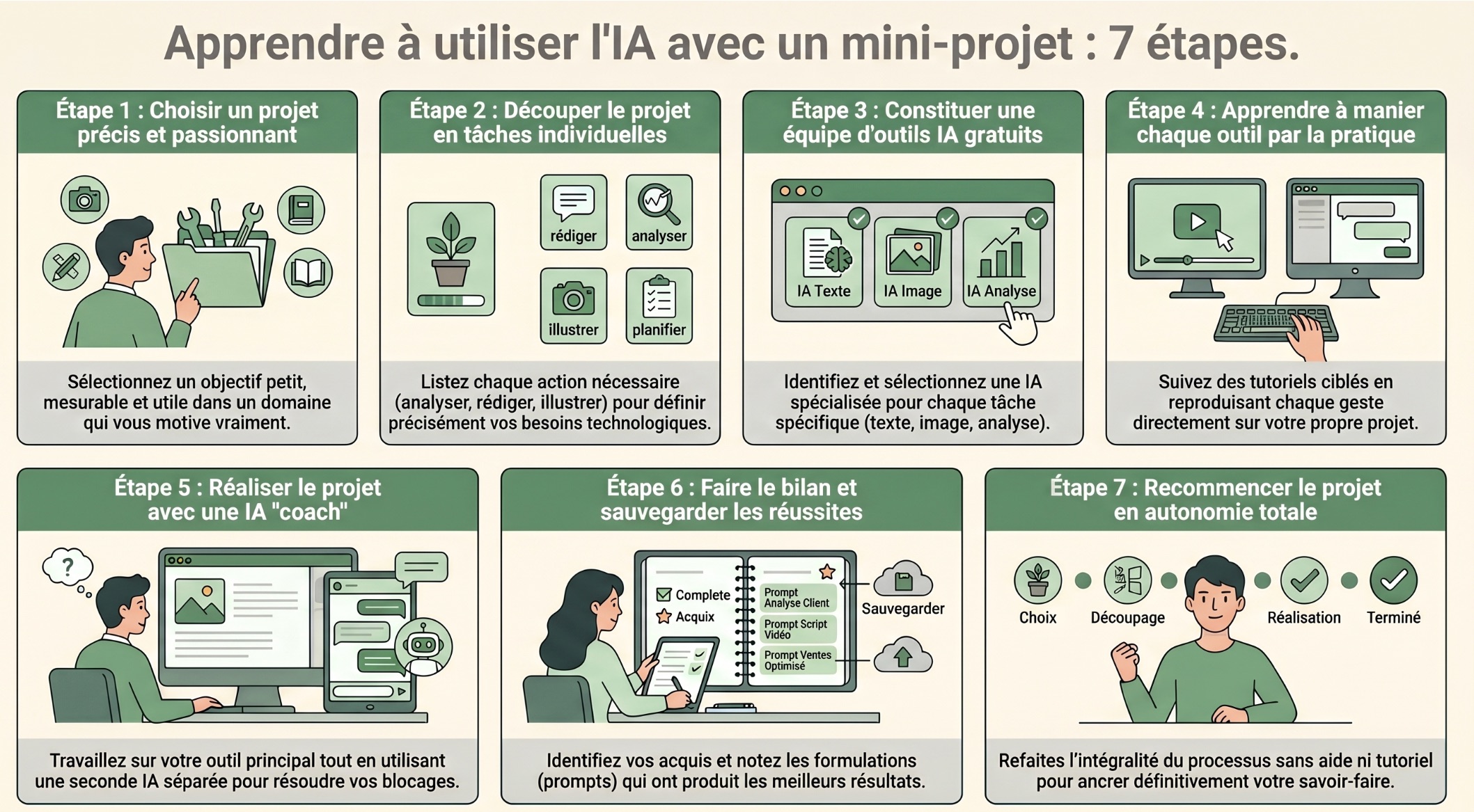 Infographie des 7 étapes pour apprendre à utiliser l'IA avec un mini-projet