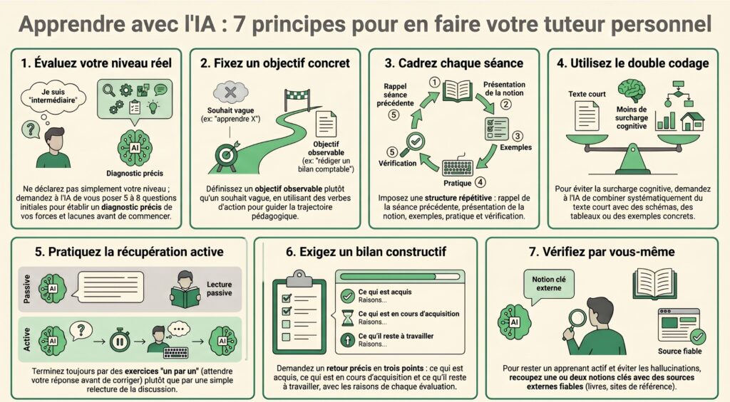 Infographie des 7 principes pour apprendre avec l'IA et en faire votre tuteur personnel