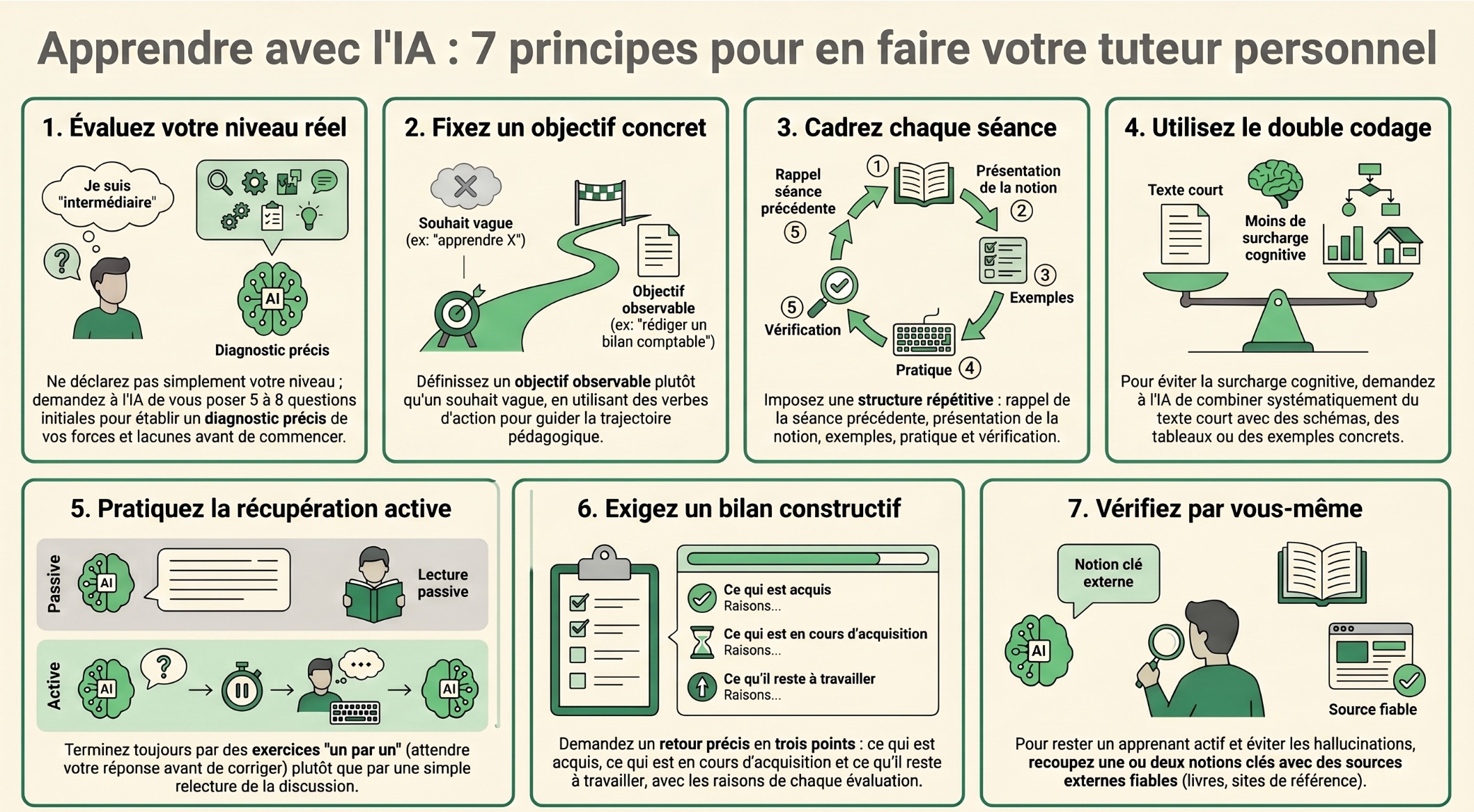 Infographie des 7 principes pour apprendre avec l'IA et en faire votre tuteur personnel