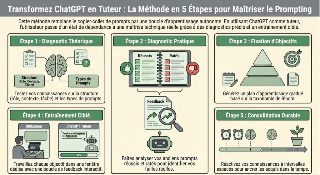 Infographie : la méthode en 5 étapes pour faire de ChatGPT votre tuteur et améliorer vos prompts