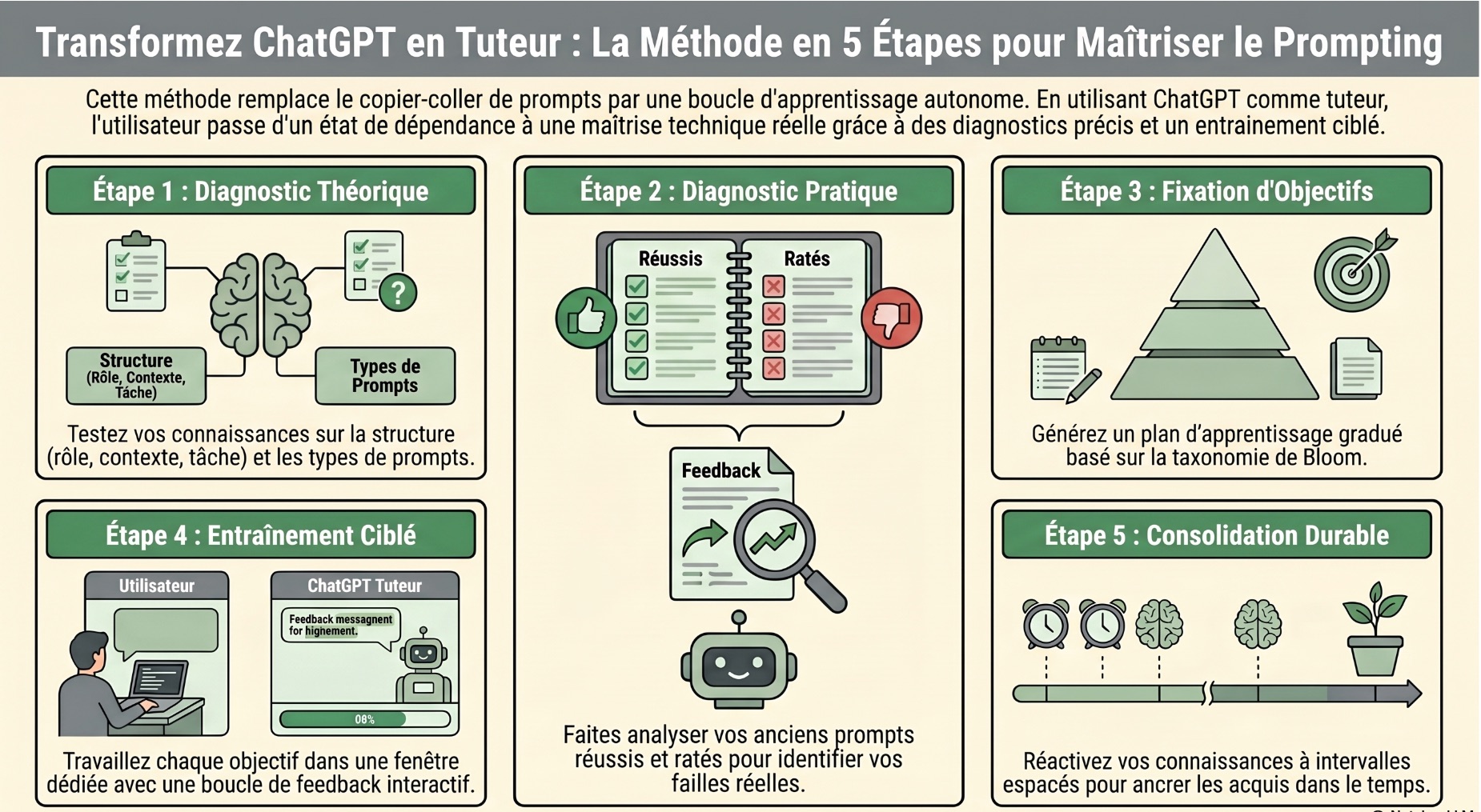 Infographie : la méthode en 5 étapes pour faire de ChatGPT votre tuteur et améliorer vos prompts