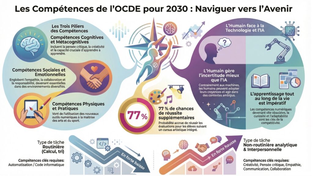 Infographie OCDE : les compétences clés pour 2030 — piliers, défis IA, tâches en hausse et en baisse