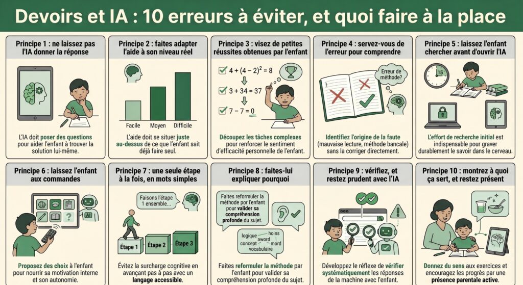 Infographie : 10 principes pour aider son enfant à faire ses devoirs avec l'IA