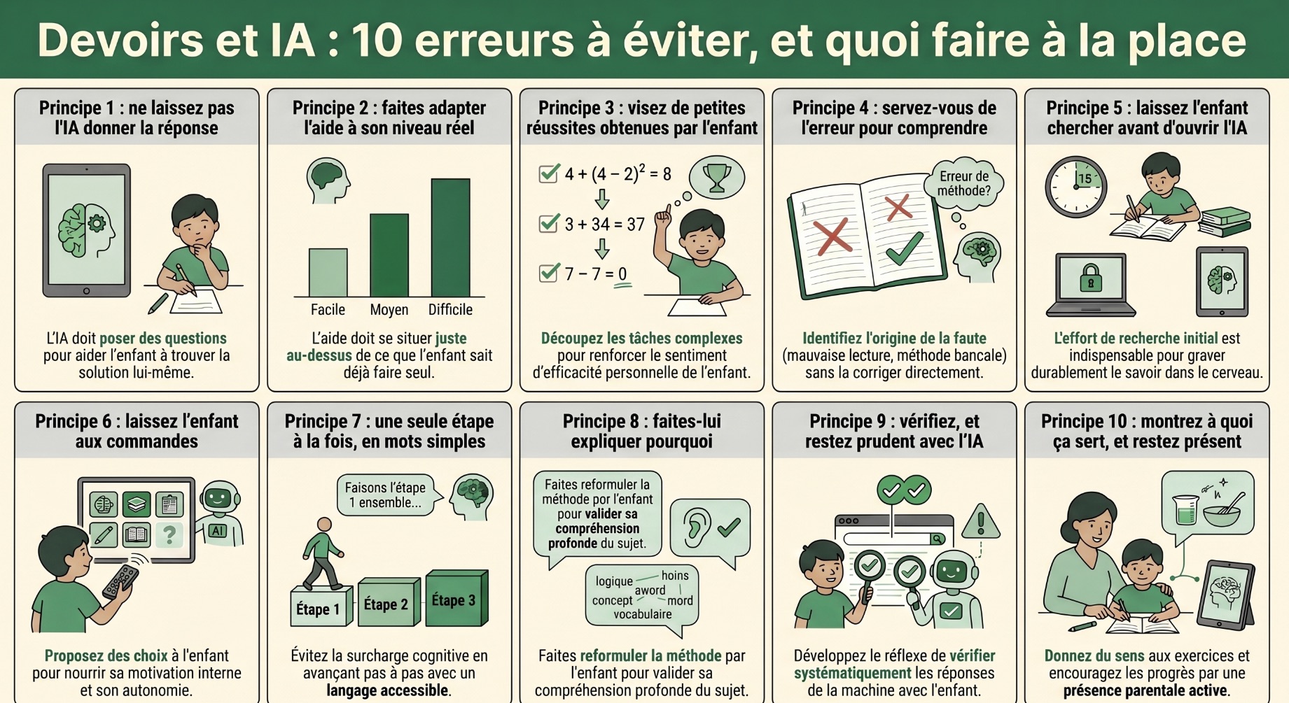 Infographie : 10 principes pour aider son enfant à faire ses devoirs avec l'IA