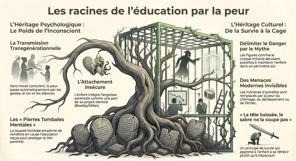 Infographie sur les racines psychologiques et culturelles de l'éducation par la peur