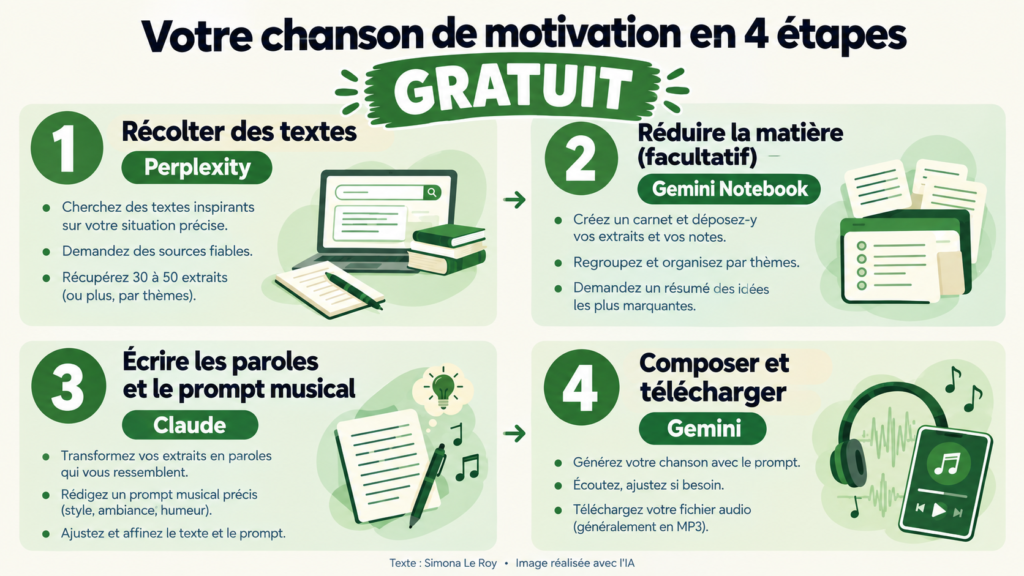 Infographie : créer sa chanson de motivation avec l'IA en 4 étapes gratuites, de Perplexity à Gemini