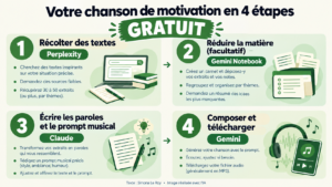 Infographie : créer sa chanson de motivation avec l'IA en 4 étapes gratuites, de Perplexity à Gemini