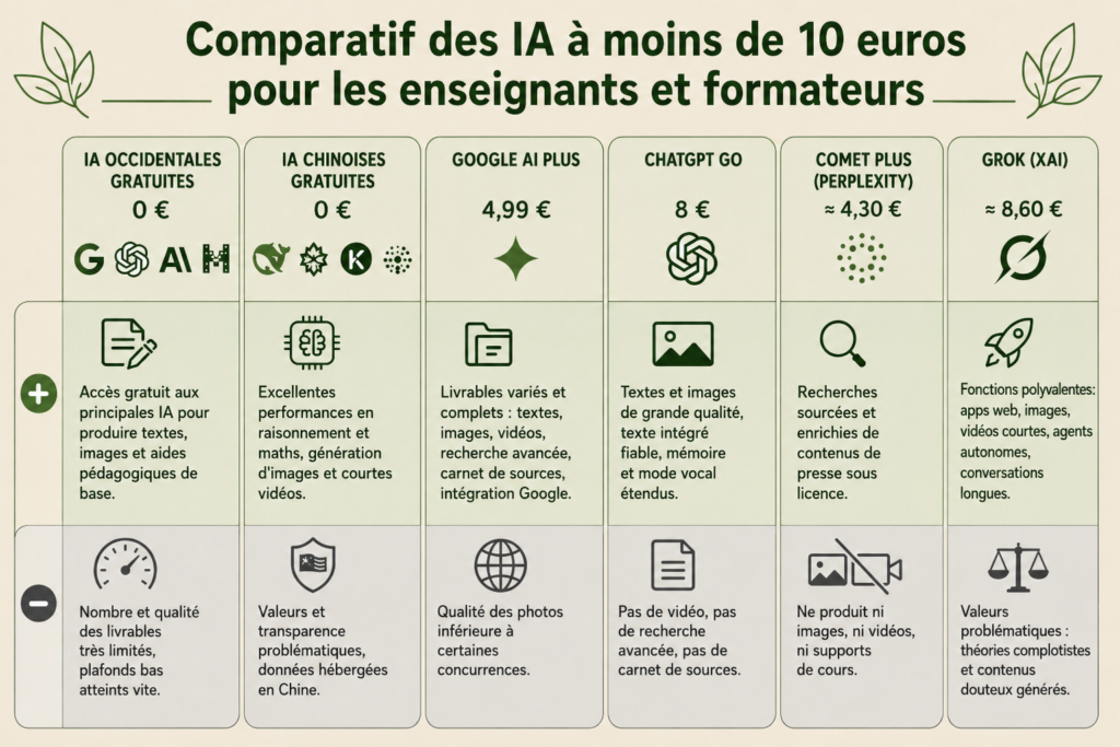 Tableau comparatif des six offres d'IA à moins de 10 euros par mois pour les enseignants et formateurs : IA occidentales gratuites, IA chinoises gratuites, Google AI Plus à 4,99 €, ChatGPT Go à 8 €, Comet Plus à environ 4,30 € et Grok à environ 8,60 €, avec pour chacune un point fort et un point faible