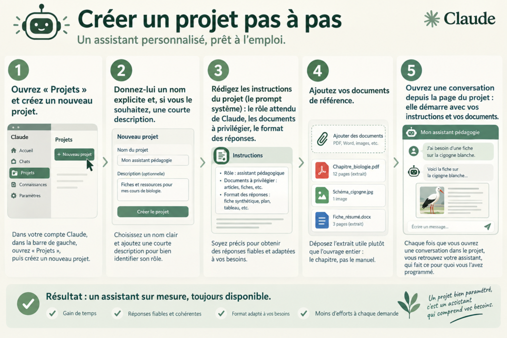 Infographie : créer un projet Claude en cinq étapes