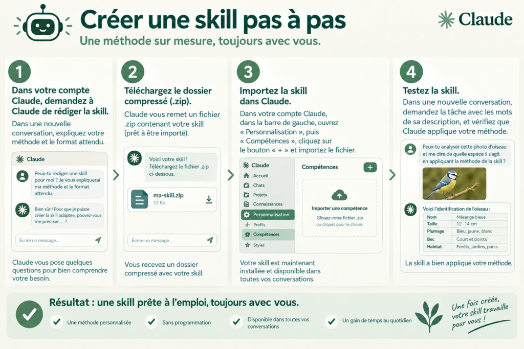 Infographie : créer une skill Claude en quatre étapes