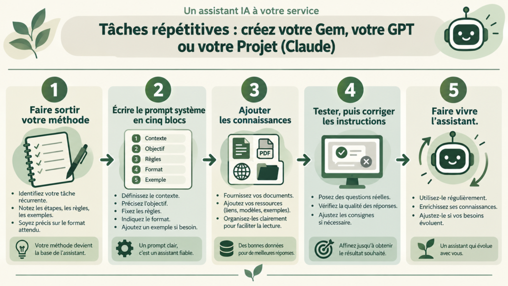 Les cinq étapes pour programmer un assistant IA : faire sortir votre méthode, écrire le prompt système en cinq blocs, ajouter les connaissances, tester puis corriger les instructions, faire vivre l'assistant.