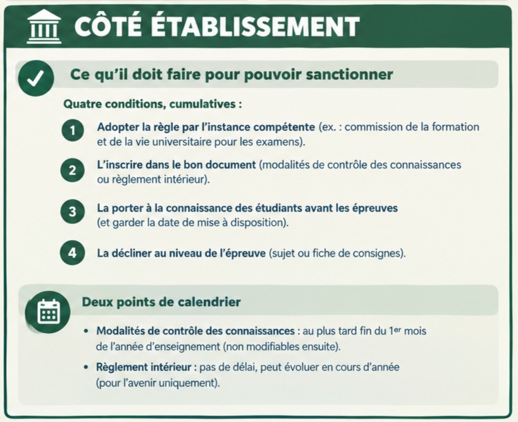 Côté établissement : les quatre conditions pour pouvoir sanctionner et les deux points de calendrier