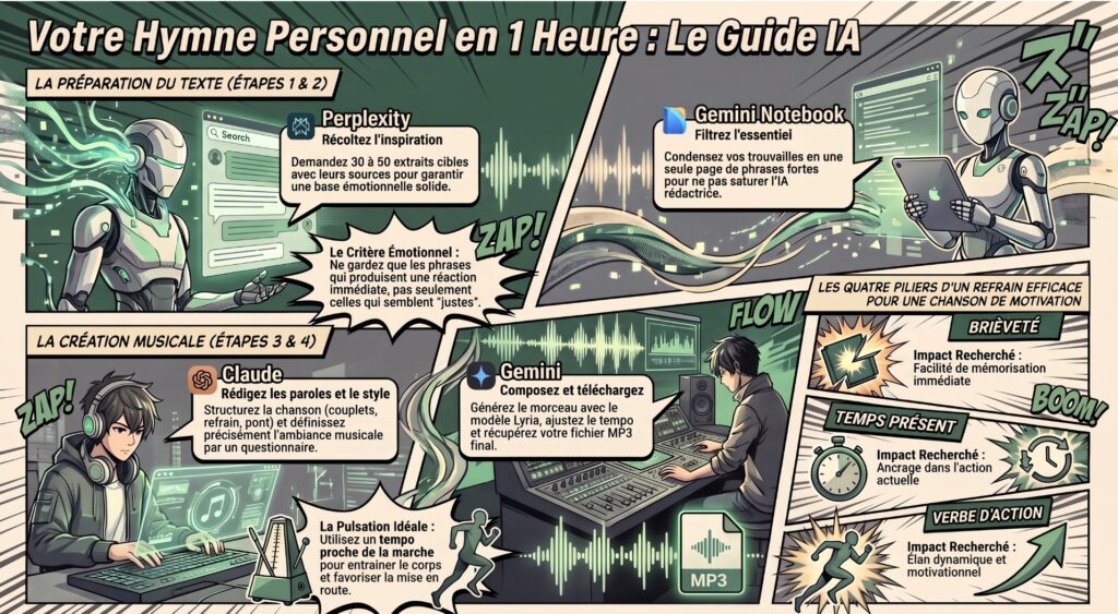 Récapitulatif illustré : votre hymne personnel en une heure, les 4 étapes avec l'IA