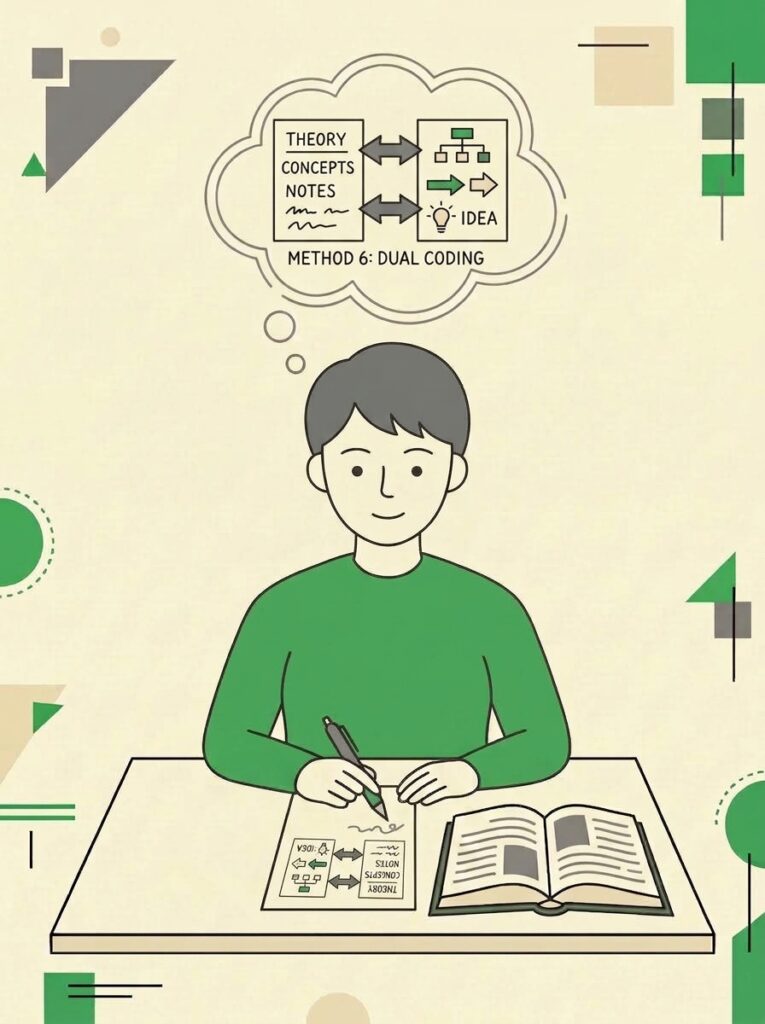 Étudiant qui associe notes écrites et schéma : le double codage