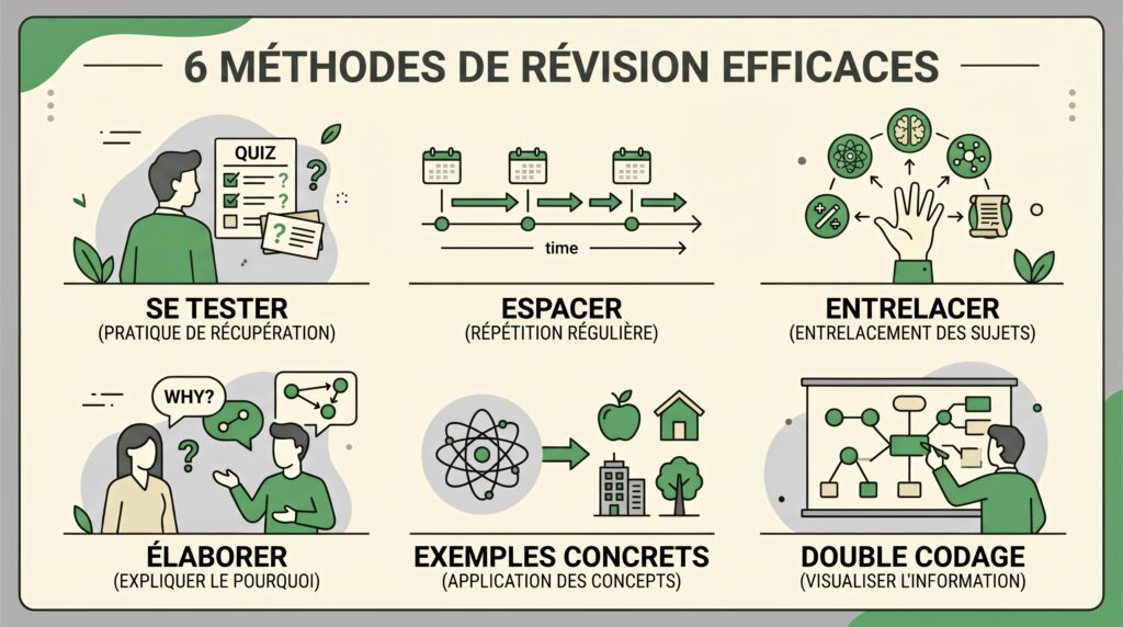 Infographie des 6 méthodes pour réviser efficacement : se tester, espacer, entrelacer, élaborer, exemples concrets, double codage