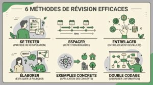 Infographie des 6 méthodes pour réviser efficacement : se tester, espacer, entrelacer, élaborer, exemples concrets, double codage