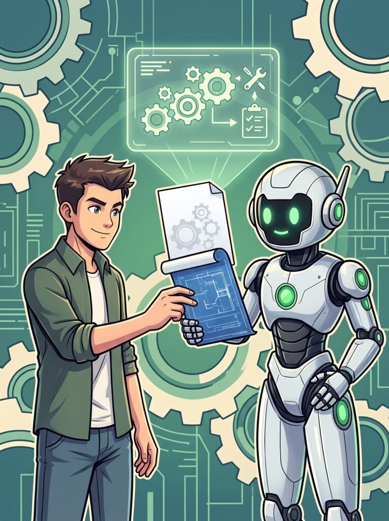 Illustration : une personne remet sa fiche de poste à un robot, image du projet Claude