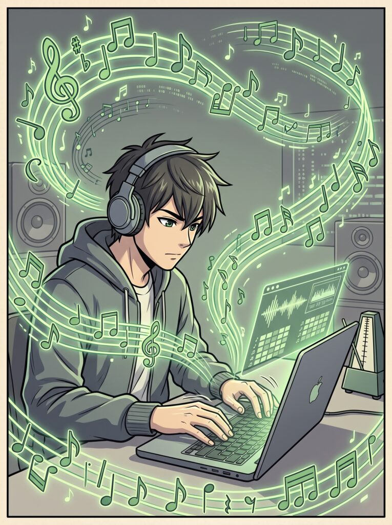 Illustration : un jeune homme au casque compose sa chanson de motivation sur un ordinateur