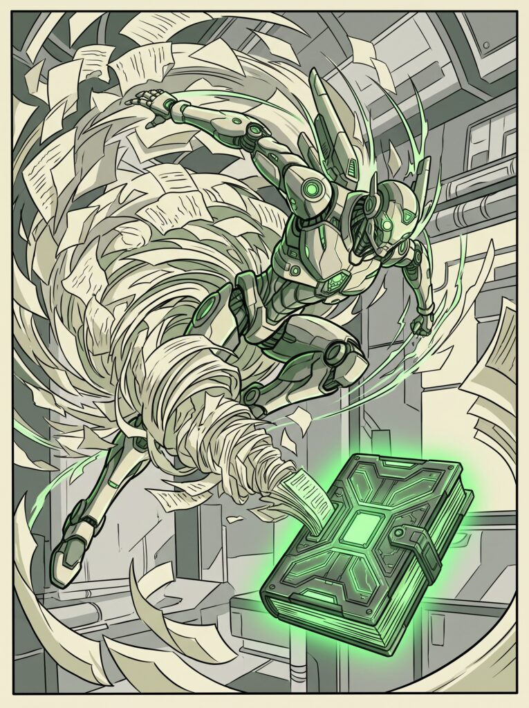 Illustration : un robot condense un tourbillon de pages en un seul carnet