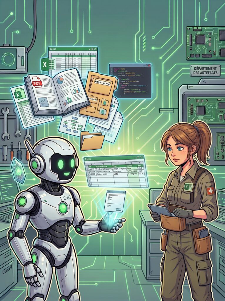 Illustration : un robot remet des documents finis à une technicienne, image de l'artefact Claude
