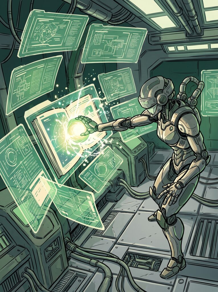 Illustration : un robot rassemble des textes inspirants sur des écrans lumineux
