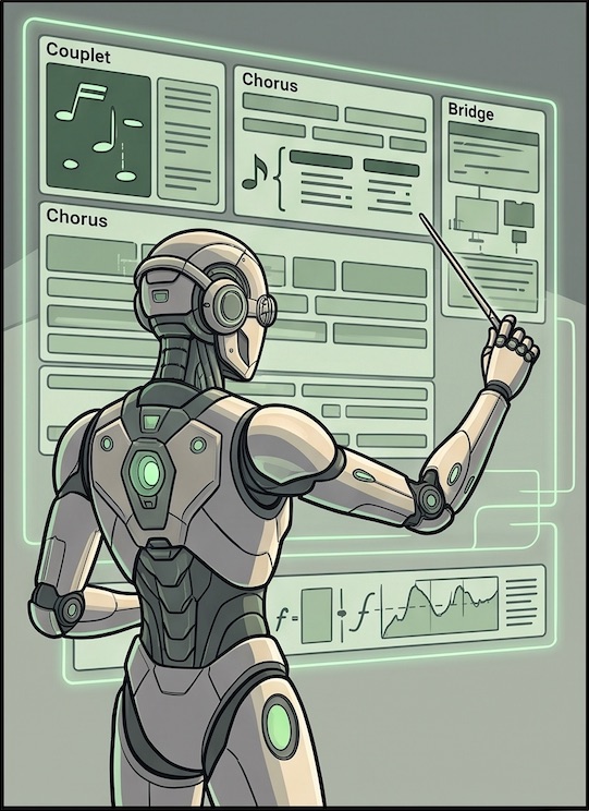 Illustration : un robot compose la structure couplet, refrain et pont d'une chanson