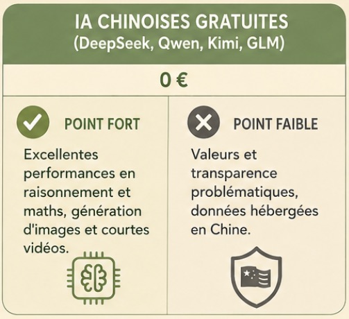 Carte des IA chinoises gratuites, DeepSeek, Qwen, Kimi et GLM : point fort, excellentes performances en raisonnement et en mathématiques, génération d'images et de courtes vidéos ; point faible, valeurs et transparence problématiques, données hébergées en Chine