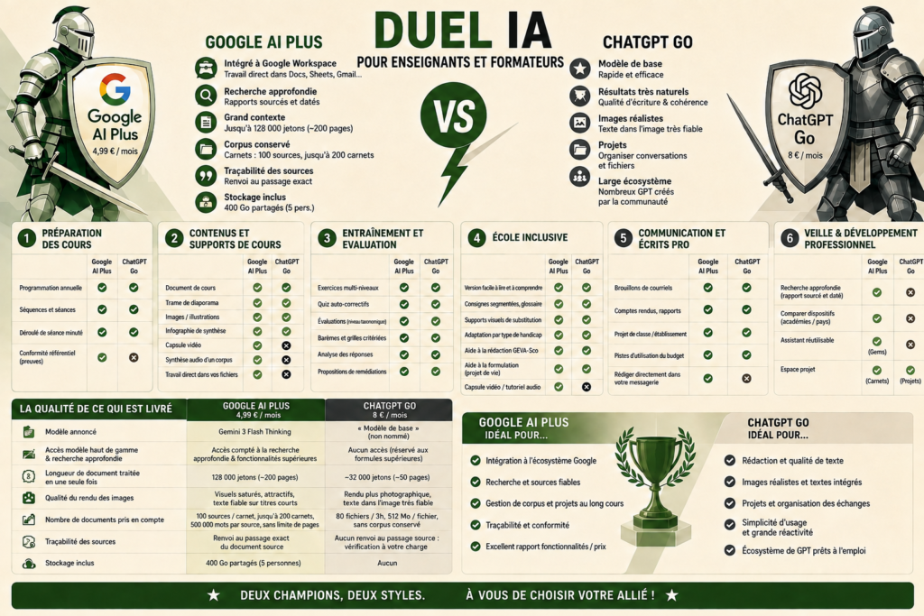 Infographie Duel IA comparant Google AI Plus à 4,99 € et ChatGPT Go à 8 € pour les enseignants et les formateurs : forces de chaque abonnement, six familles de tâches cochées offre par offre, qualité de ce qui est livré, et usages pour lesquels chacun est le plus adapté