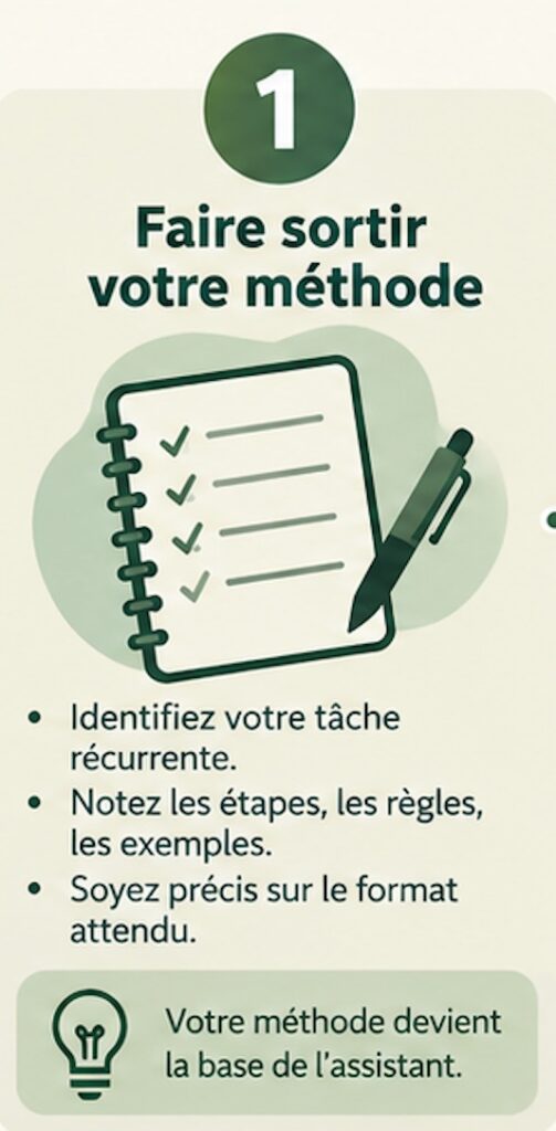 Étape 1, faire sortir votre méthode : identifiez la tâche récurrente, notez les étapes, les règles, les exemples, soyez précis sur le format attendu.