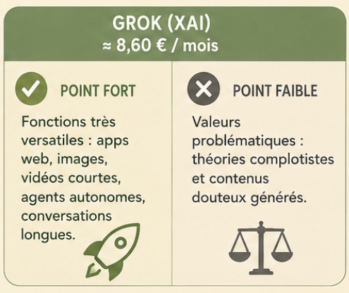 Carte de l'offre Grok de xAI à environ 8,60 € par mois : point fort, fonctions très versatiles, applications web, images, vidéos courtes, agents autonomes et conversations longues ; point faible, valeurs problématiques, théories complotistes et contenus douteux générés