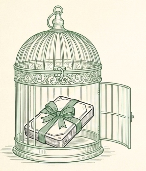 Illustration d'un cadeau enrubanné posé dans une cage à oiseaux dont la porte reste ouverte, image du coût caché de la gratuité