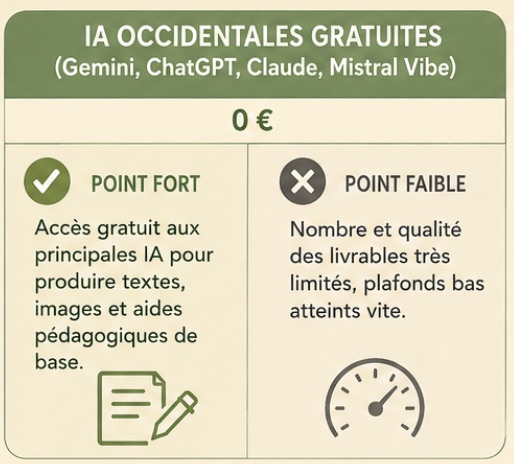 Carte des IA occidentales gratuites, Gemini, ChatGPT, Claude et Mistral Vibe : point fort, accès gratuit aux principales IA pour produire textes, images et aides pédagogiques de base ; point faible, nombre et qualité des livrables très limités, plafonds bas atteints vite