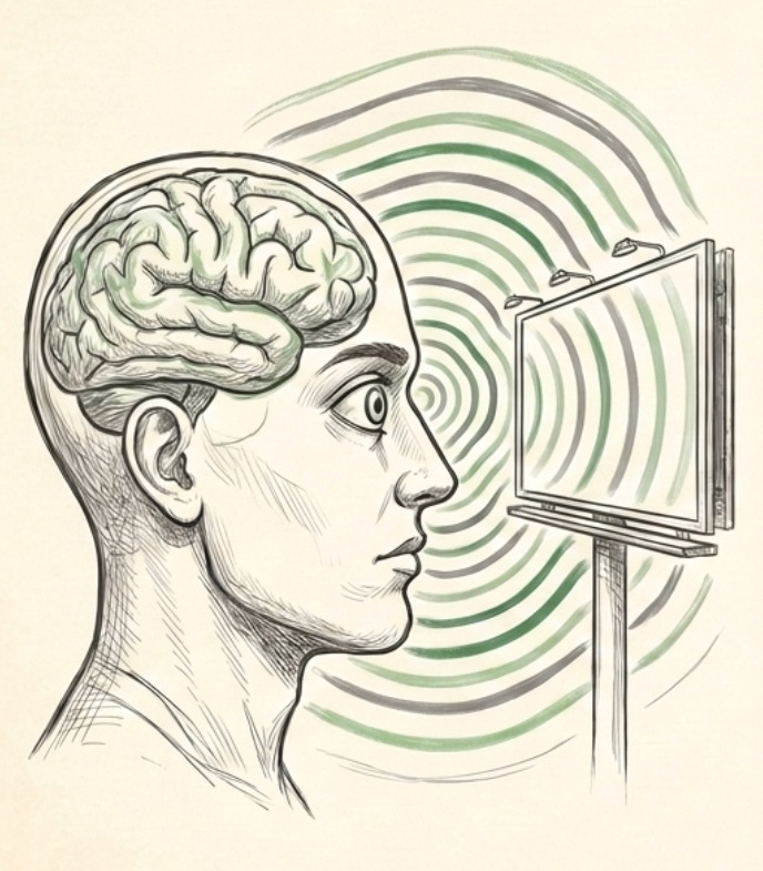 Illustration d'un profil humain dont le cerveau est apparent, face à un panneau publicitaire qui émet des ondes vers lui