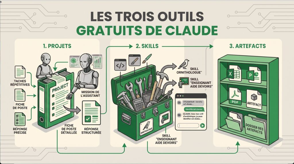 Claude gratuit : infographie des trois outils, les projets, les skills et les artefacts