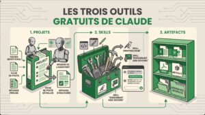 Claude gratuit : infographie des trois outils, les projets, les skills et les artefacts