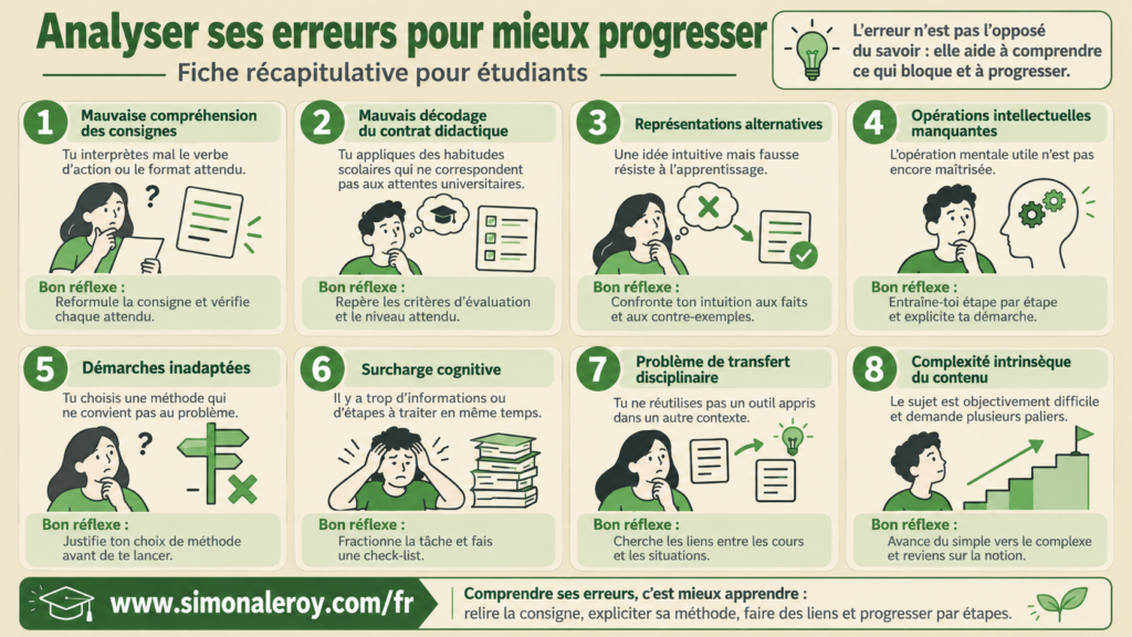 Analyser ses erreurs pour mieux progresser : fiche récapitulative des 8 types d'erreurs d'Astolfi, avec le bon réflexe pour chacun