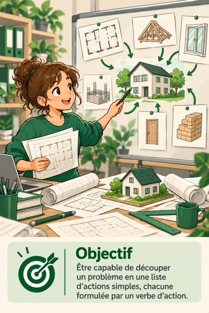 Une jeune femme découpe au tableau le projet de construction d'une maison en étapes
