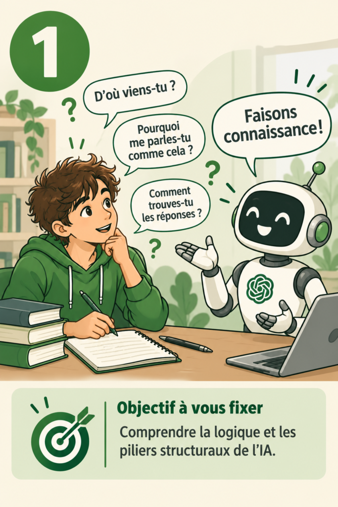 Une jeune personne fait connaissance avec un robot IA et lui demande d'où il vient