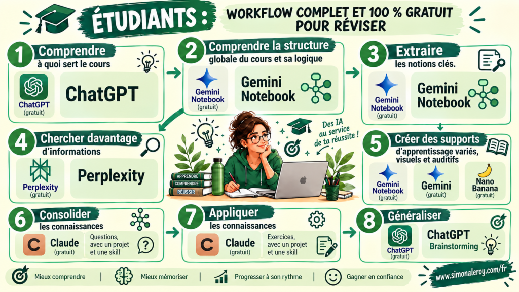 IA pour réviser : le workflow complet et 100 % gratuit pour les étudiants, de la compréhension du cours à la généralisation