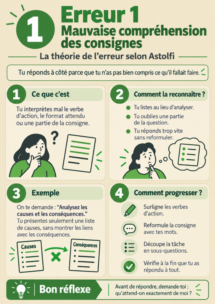 Fiche erreur 1 : mauvaise compréhension des consignes. Ce que c'est, comment la reconnaître, un exemple et quatre pistes pour progresser