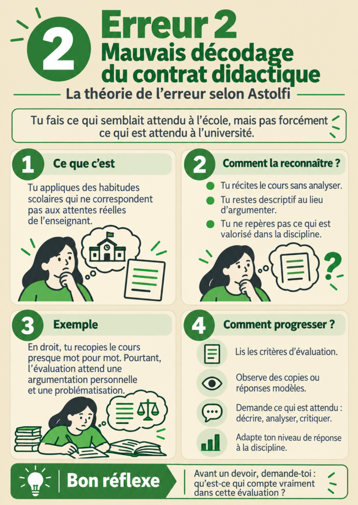 Fiche erreur 2 : mauvais décodage du contrat didactique. Ce que c'est, comment la reconnaître, un exemple et quatre pistes pour progresser