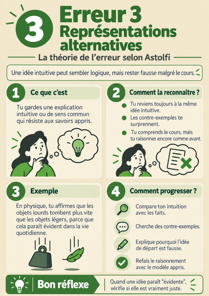 Fiche erreur 3 : représentations alternatives. Ce que c'est, comment la reconnaître, un exemple et quatre pistes pour progresser