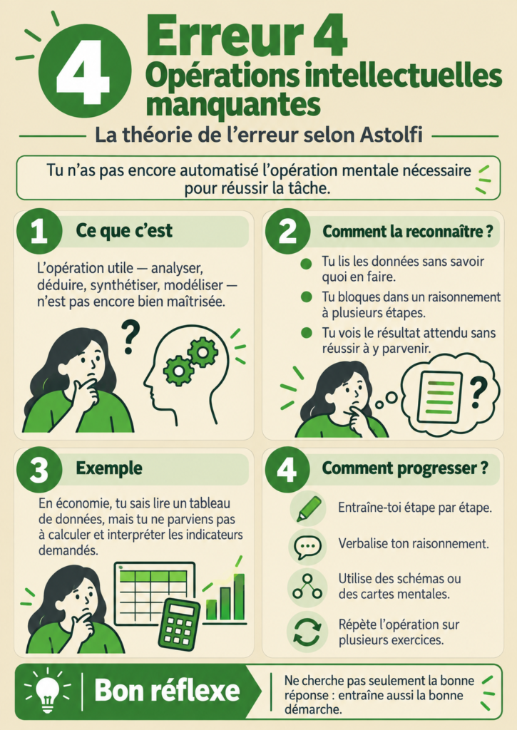 Fiche erreur 4 : opérations intellectuelles manquantes. Ce que c'est, comment la reconnaître, un exemple et quatre pistes pour progresser