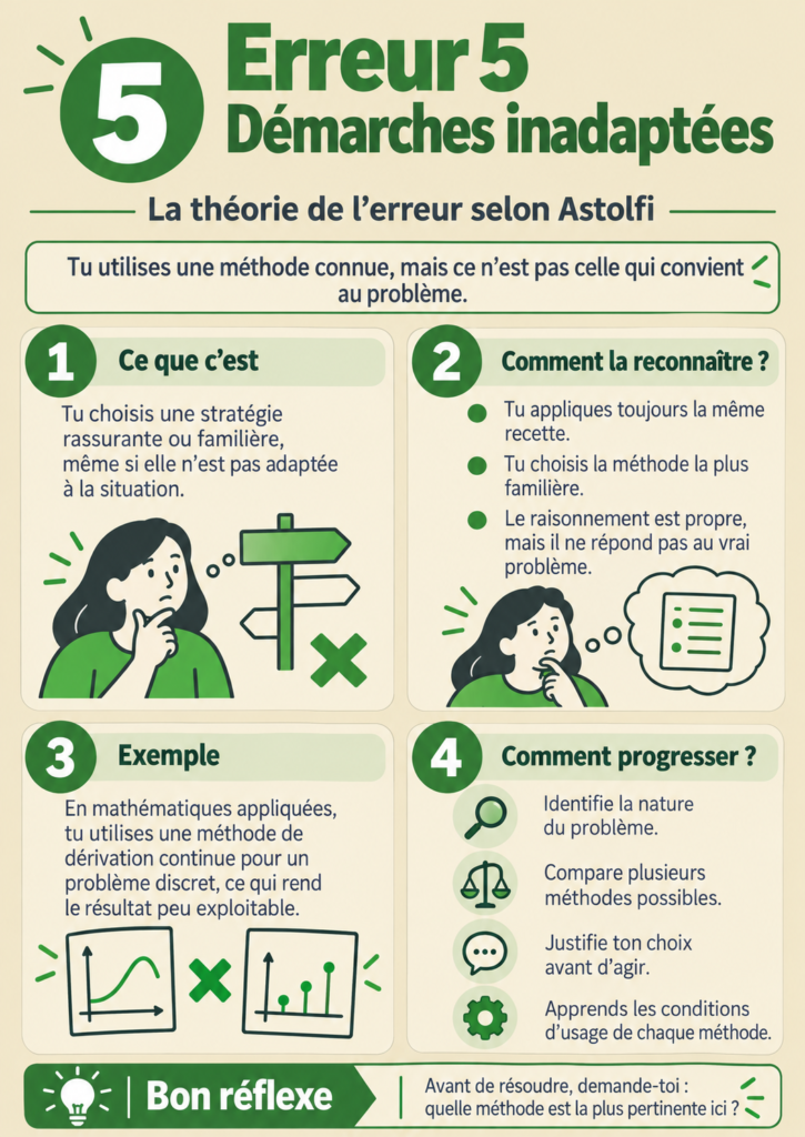 Fiche erreur 5 : démarches inadaptées. Ce que c'est, comment la reconnaître, un exemple et quatre pistes pour progresser