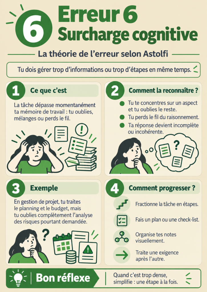 Fiche erreur 6 : surcharge cognitive. Ce que c'est, comment la reconnaître, un exemple et quatre pistes pour progresser