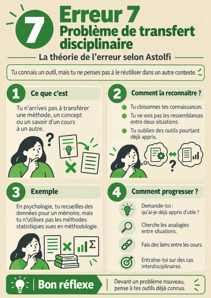 Fiche erreur 7 : problème de transfert disciplinaire. Ce que c'est, comment la reconnaître, un exemple et quatre pistes pour progresser