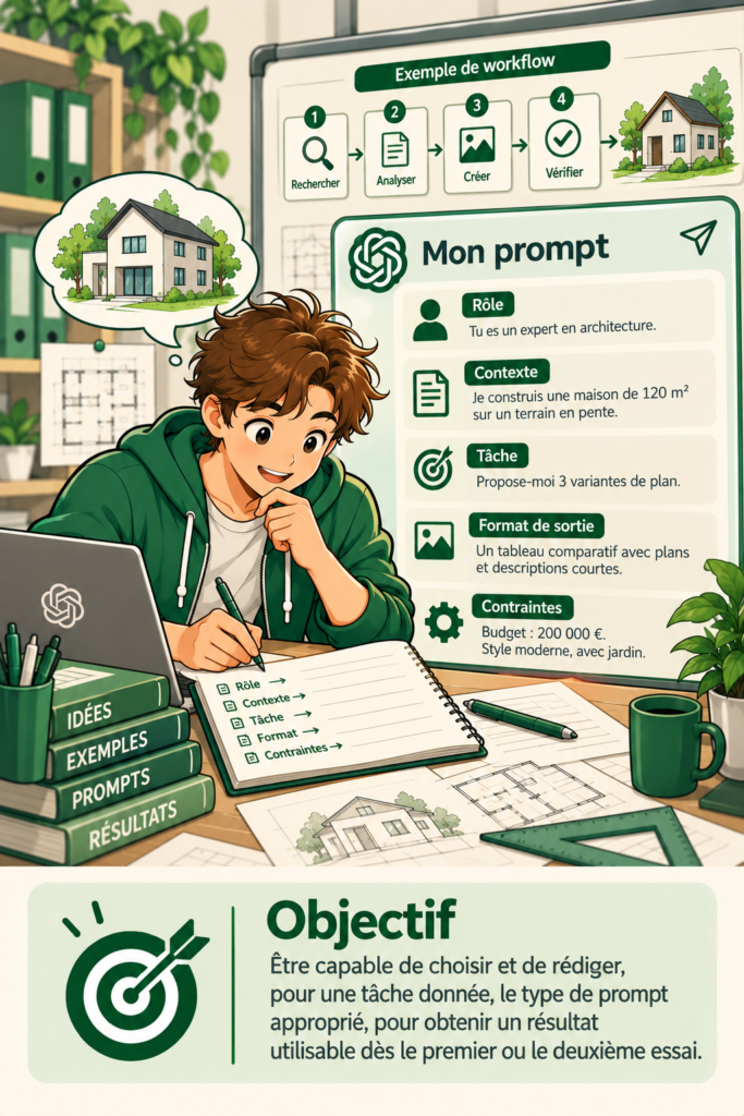 Un étudiant rédige un prompt structuré : rôle, contexte, tâche, format, contraintes