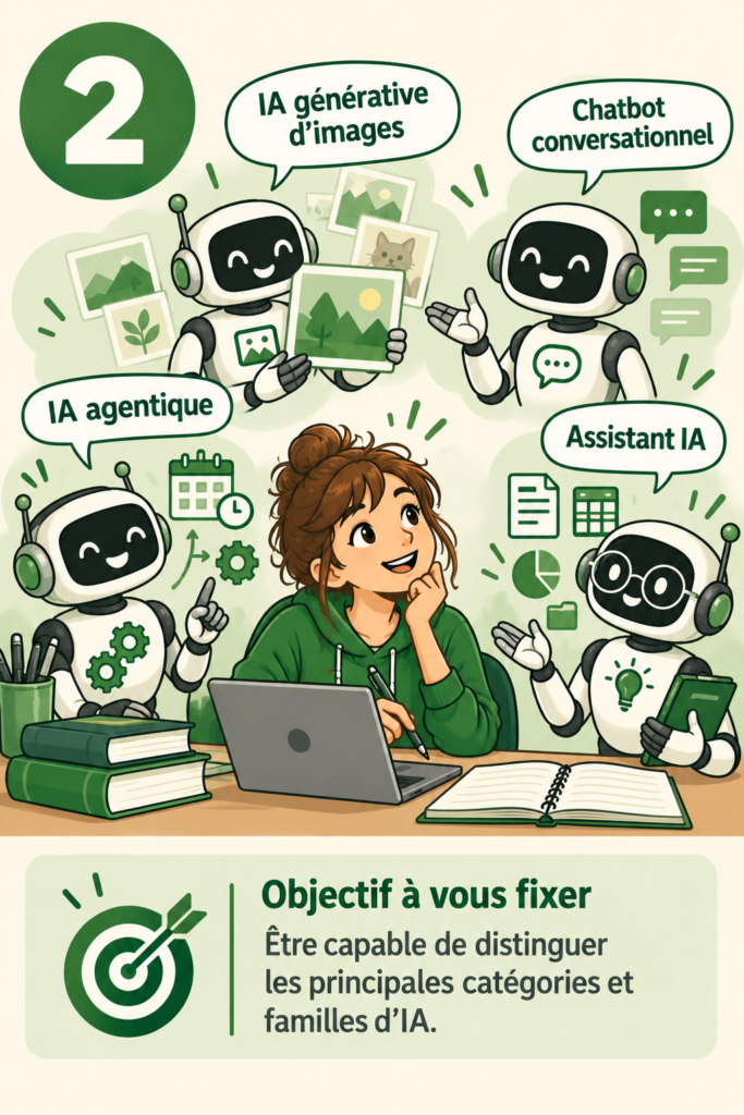 Une jeune femme entourée de robots qui représentent différentes familles d'IA : génération d'images, chatbot, IA agentique