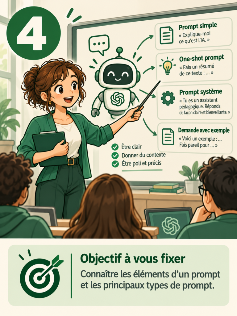 Une enseignante présente au tableau les différents types de prompt